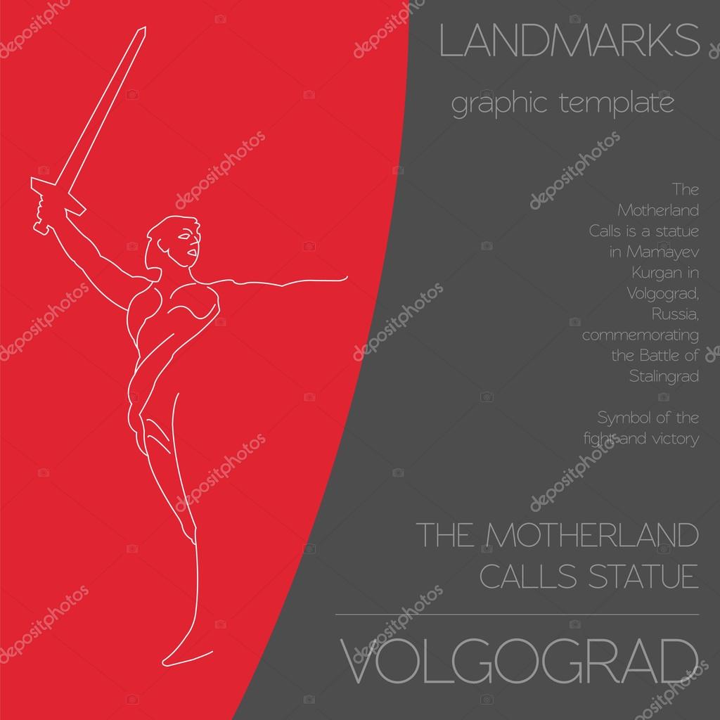 World landmarks. Volgograd. Russia. The Motherland Calls Statue on the Mamaev Kurgan. For heroes of the Battle of Stalingrad. Graphic template, logos. Linear design. Vector illustration
