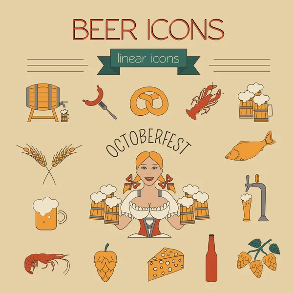 Set di icone della birra. Modello di loghi e distintivi. Stile lineare. OTTOBRE — Vettoriale Stock
