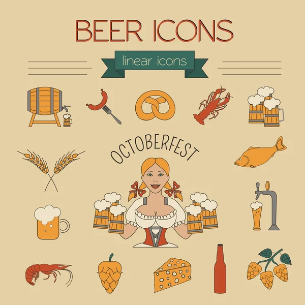 Bier pictogramserie. Logo's en badges sjabloon. Lineaire stijl. Octoberf — Stockvector