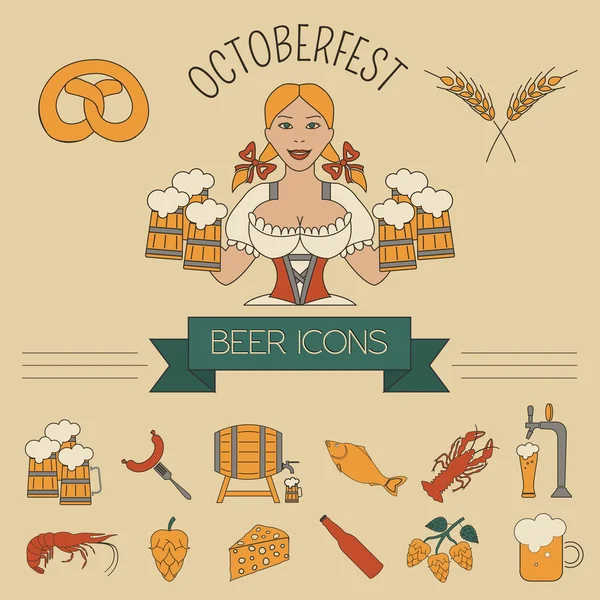 Bier pictogramserie. Logo's en badges sjabloon. Lineaire stijl. Octoberf — Stockvector