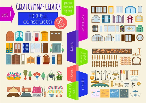 Gran creador de mapas de la ciudad. Constructor de casas. Casa, cafetería, restaurante — Vector de stock