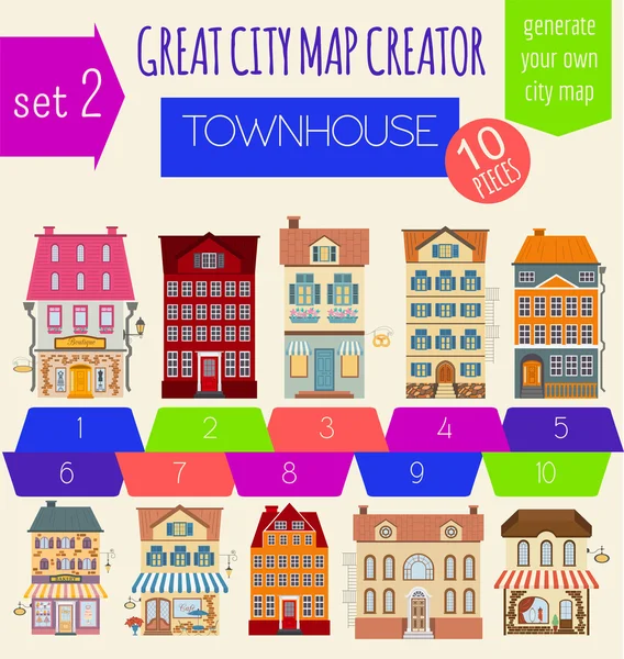 Great city map creator. House constructor. House, cafe, restaura — Stock Vector