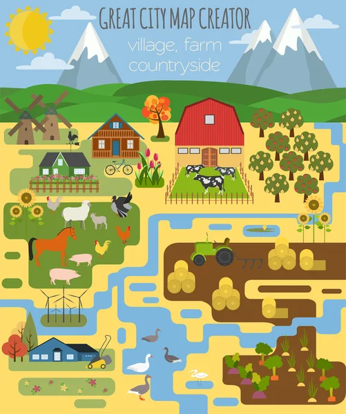 Große Stadtplan-Schöpfer. Dorf, Bauernhof, Land, Landwirtschaft. — Stockvektor