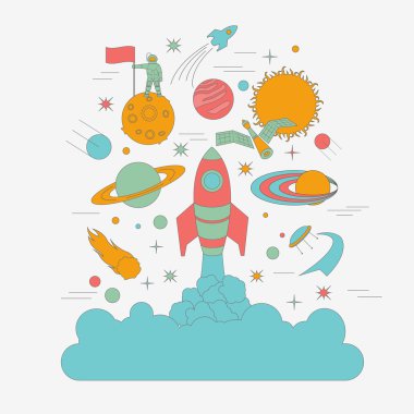 Space, universe graphic design. Linear icon set