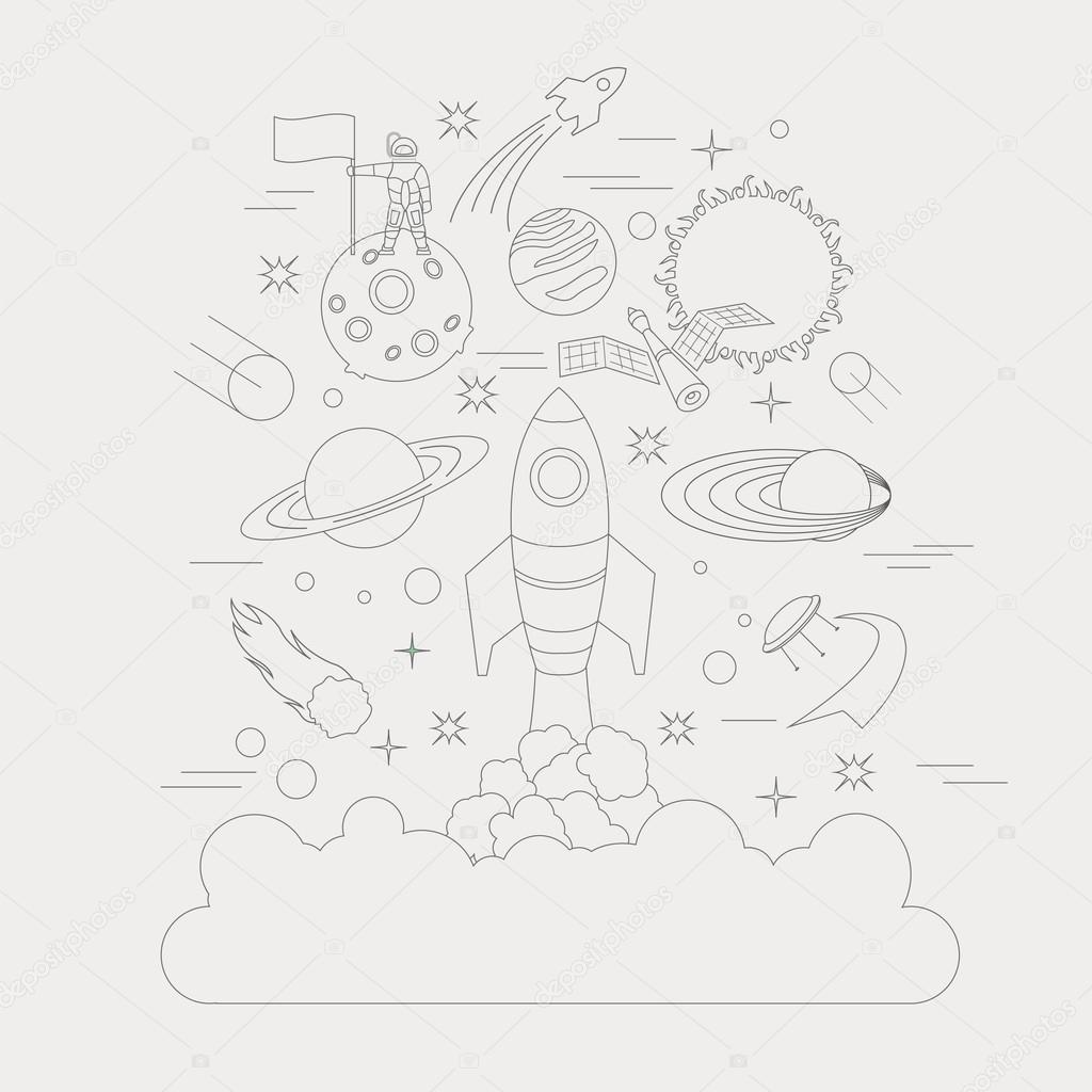 Space, universe graphic design. Linear icon set