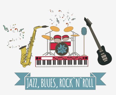 Müzik aletleri grafik şablonu. Jazz, blues, rock'n'roll ba