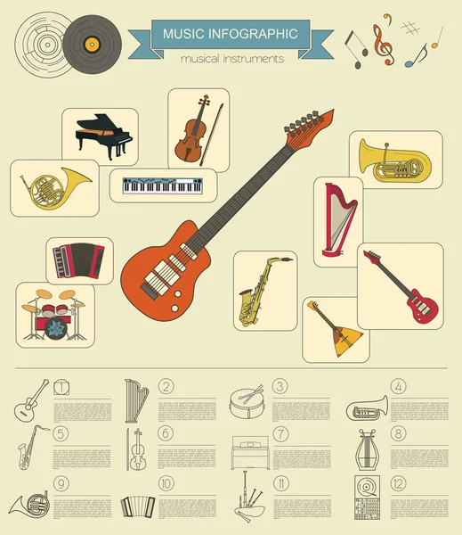 Instrumentos musicais modelo gráfico. Todos os tipos de instr musical —  Vetores de Stock