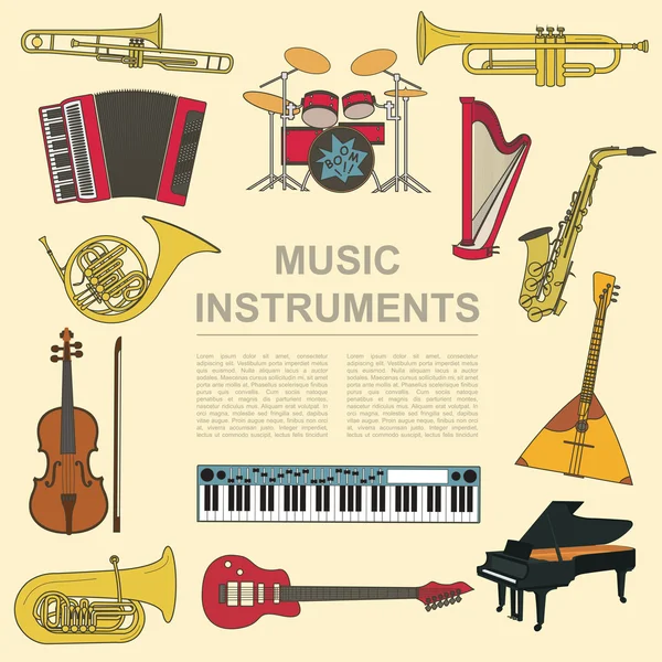 Musical instruments graphic template. All types of musical instr — Stock Vector