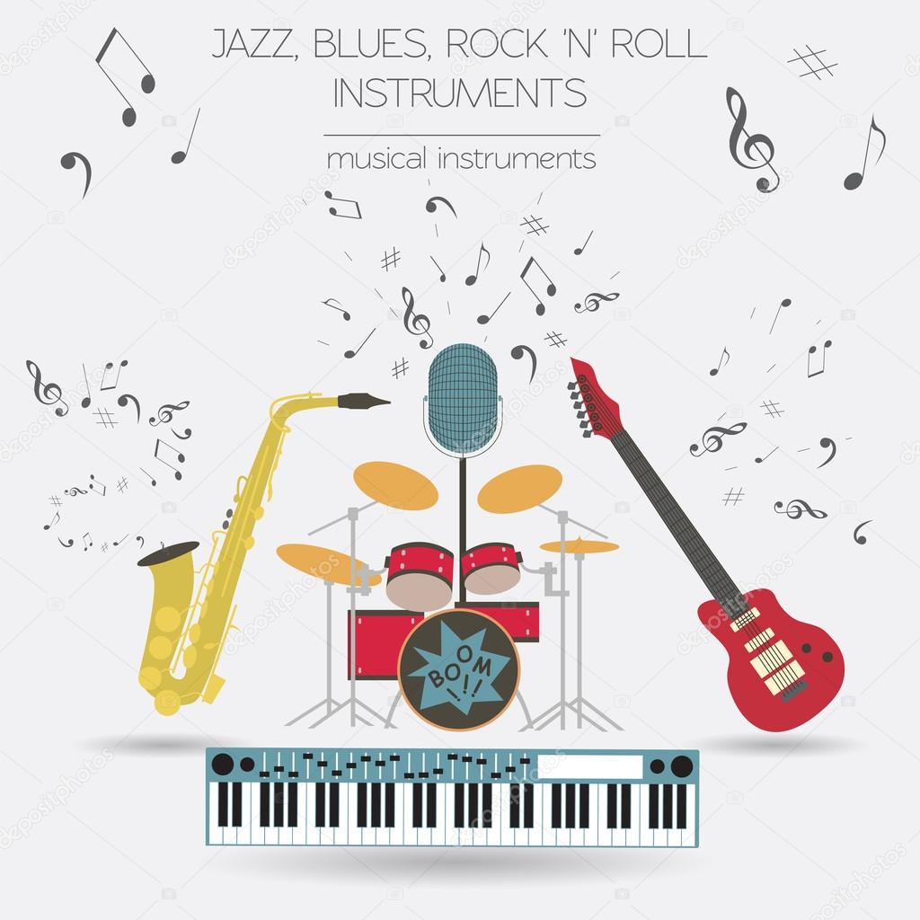 Musical instruments graphic template.Jazz, blues, rock`n`roll ba