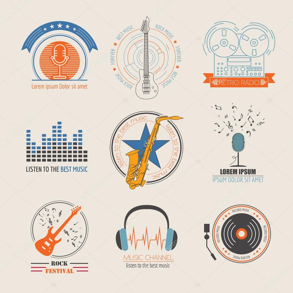 Musical instruments logos and badges. Graphic template