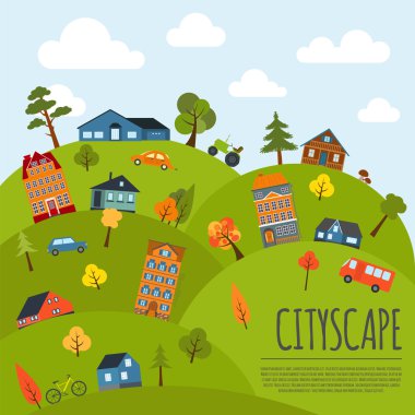 Cityscape kavramsal grafik şablonu. Kentsel, kırsal, indus