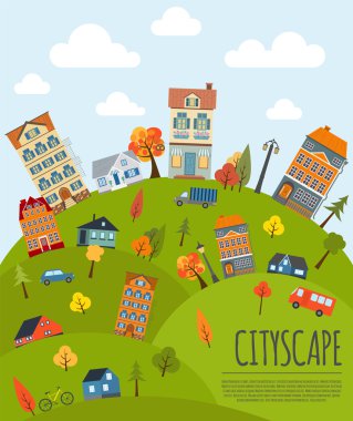 Cityscape kavramsal grafik şablonu. Kentsel, kırsal, indus