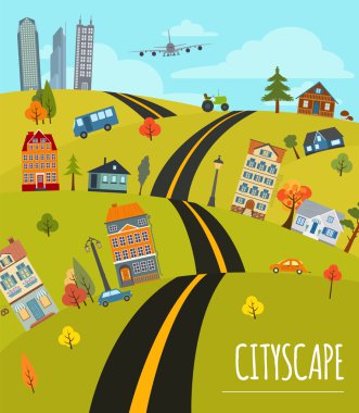 Cityscape kavramsal grafik şablonu. Kentsel, kırsal, indus