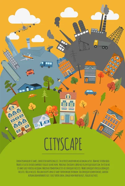 Cityscape концептуальный графический шаблон. Городские, сельские, промышленные районы — стоковый вектор