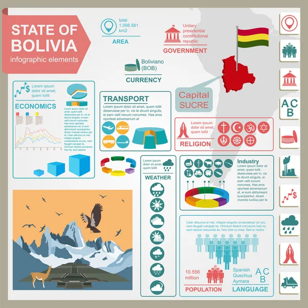 Инфографика Боливии, статистические данные, достопримечательности — стоковый вектор