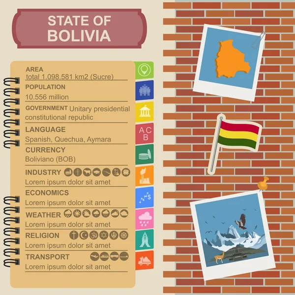 Bolivia infografică, date statistice, obiective turistice — Vector de stoc