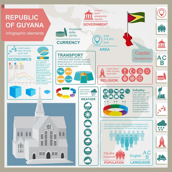 Infografica della Guyana, dati statistici, attrazioni. Cattedrale di St . — Vettoriale Stock