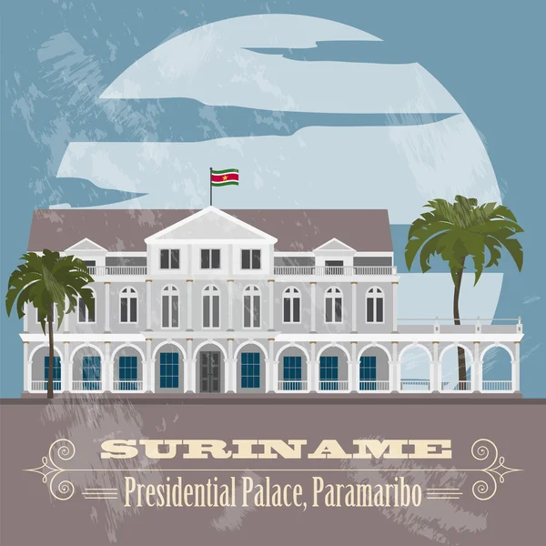 Surinam památek. Prezidentský palác v Paramaribo. Retro šaty — Stockový vektor