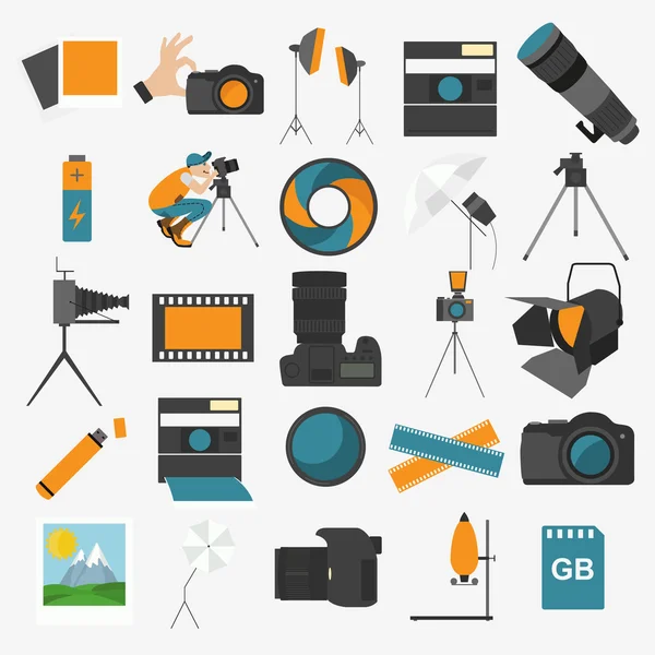 Photography icon set with photo, camera equipment. Colour flat v — Stock Vector