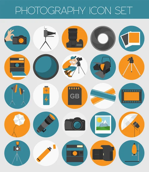 Photography icon set with photo, camera equipment. Colour flat v — Stock Vector