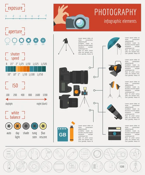 Fotózás infographics készlet fénykép, kamera berendezések — Stock Vector