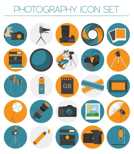 Photography icon set with photo, camera equipment. Colour flat v — Stock Vector