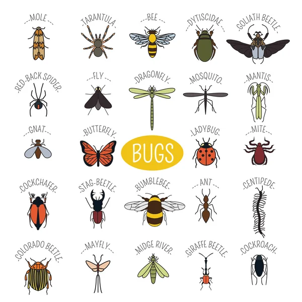 Icono de insectos de estilo plano. 24 piezas en set. Versión en color — Vector de stock