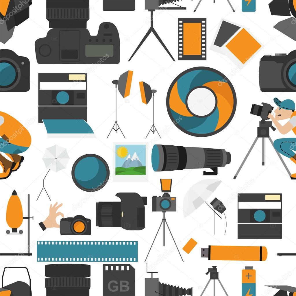 Photography seamless pattern with photo, camera equipment.