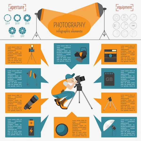 Fotografie infographics instellen met foto, camera-apparatuur — Stockvector