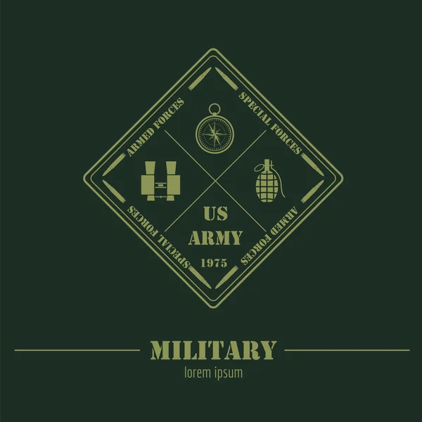 Militaire logo en badge. Verrekijker, kompas, granaat, explosieve — Stockvector