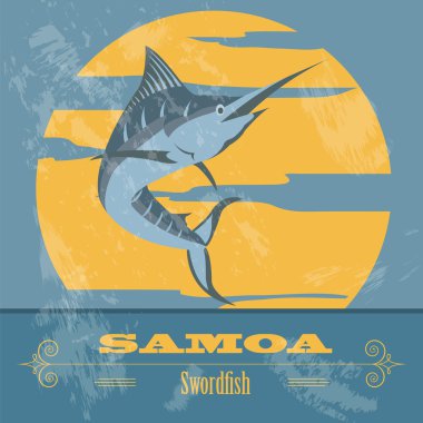 Samoa. Kılıç balığı. Retro tarz resim.
