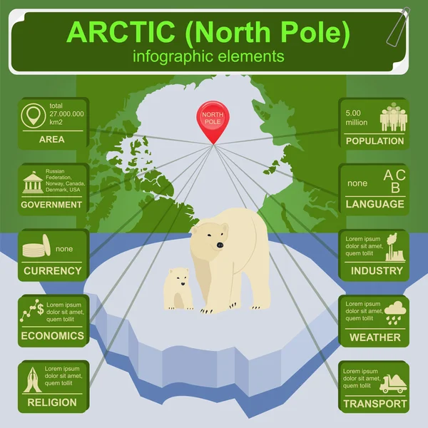 Infografías del Ártico (Polo Norte), datos estadísticos, vistas — Archivo Imágenes Vectoriales