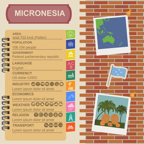 Micronesia infographics, statistical data, sights. Stone money. — Stock Vector