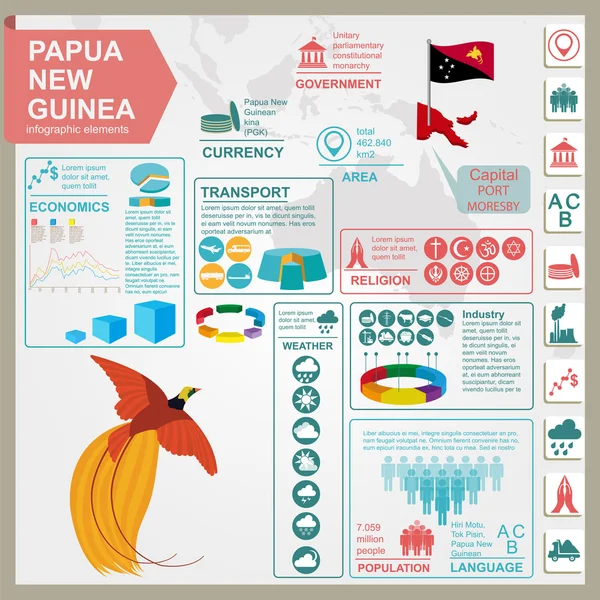 Papua Nuova Guinea infografica, dati statistici, luoghi d'interesse — Vettoriale Stock