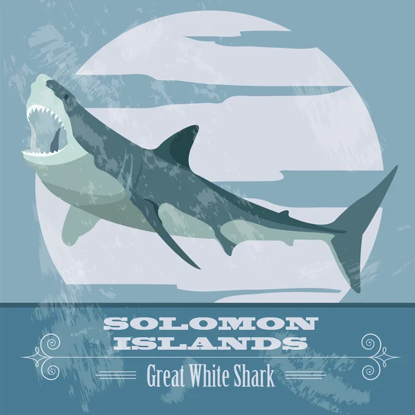 Соломоновы острова. Большая белая акула. Ретро-стиль . — стоковый вектор