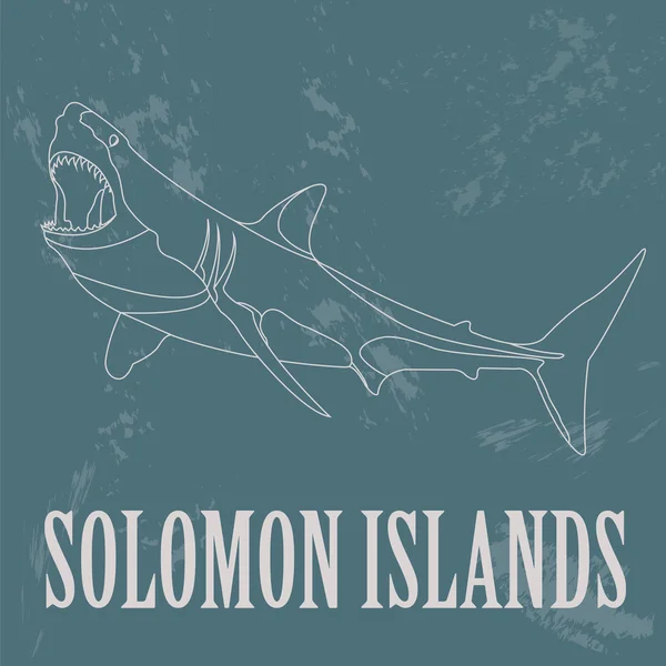 Соломоновы острова. Большая белая акула. Ретро-стиль . — стоковый вектор