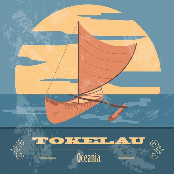 Tokelau. Polinezji, kajakarstwo. Obraz w stylu retro. Wektor ilustr — Wektor stockowy