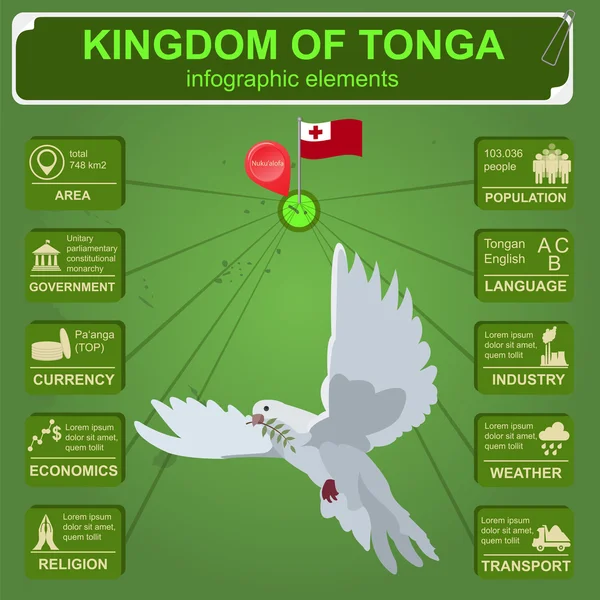 Тонга інфографіки, статистичних даних, визначні пам'ятки. Голуб з оливковими b — стоковий вектор