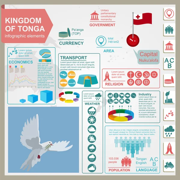 Tonga  infographics, statistical data, sights. Dove with olive b — Stock Vector