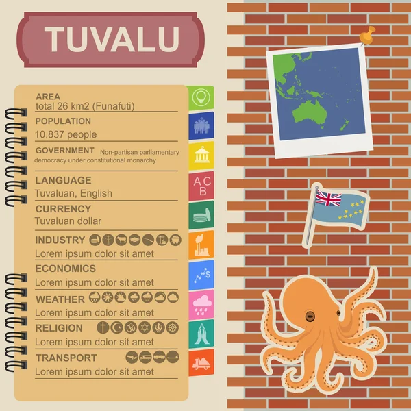 Infografiki Tuvalu, dane statystyczne, zabytki. Ośmiornica. — Wektor stockowy