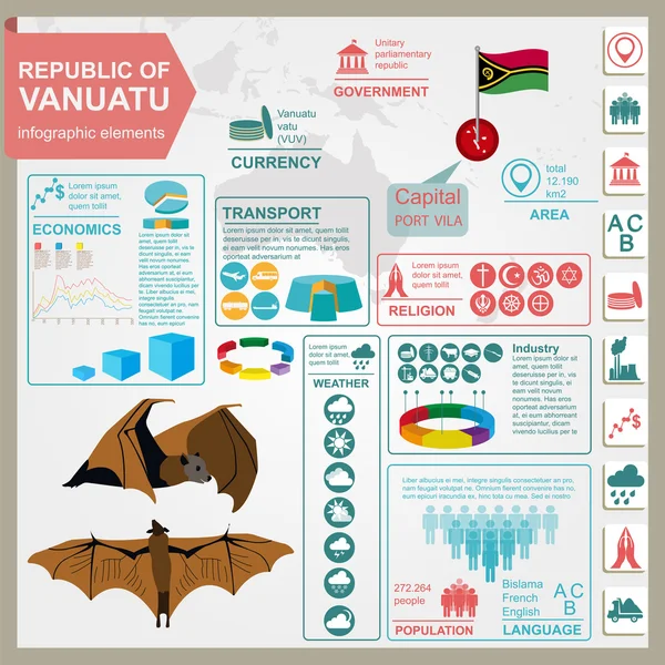 Infographie Vanuatu, données statistiques, vues. Renard volant — Image vectorielle