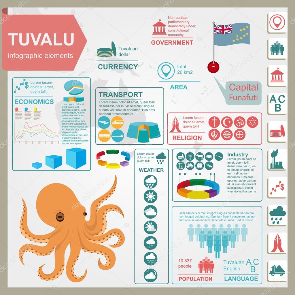 Tuvalu  infographics, statistical data, sights. Octopus. 