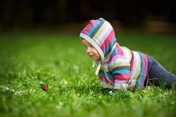 Toddler and butterfly — Stock Photo, Image