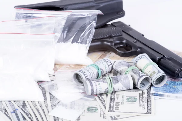 Droger, pengar, kokain och gun — Stockfoto
