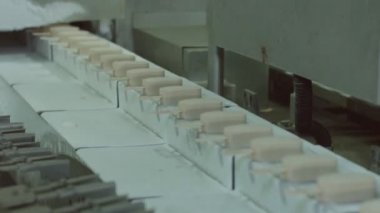 Dondurma üretimi için konveyör otomatik hatlar. Dondurma fabrikası. Buzlu şeker.