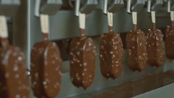 Gelateria. Linee automatiche per la produzione di gelati. Gelato in glassa di cioccolato. — Video Stock