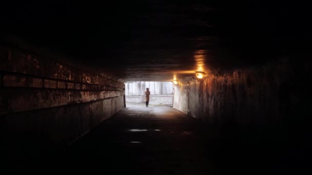 Korkak kız. Tehlike, berbat bir yeraltı geçidi. Karanlık alt geçitteki korkmuş kadın. Beton taşlı tünel. Uzun, boş bir koridor ya da bir yeraltı yaya geçidi.. — Stok video