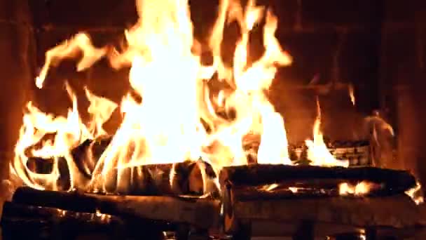 暖炉で火が燃えている。薪だ。田舎の家の炎。心臓だ。温かさと家庭の快適さ. — ストック動画