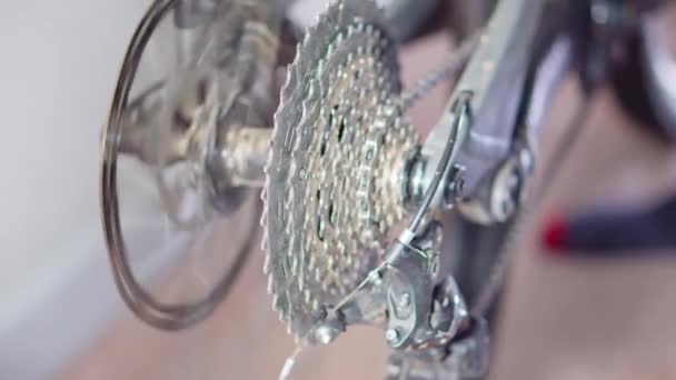 Versnellingen. Ketting, ketting, slimme stationaire fietstraining thuis. Fietsen. Fietsenmaker. Reparatie. — Stockvideo