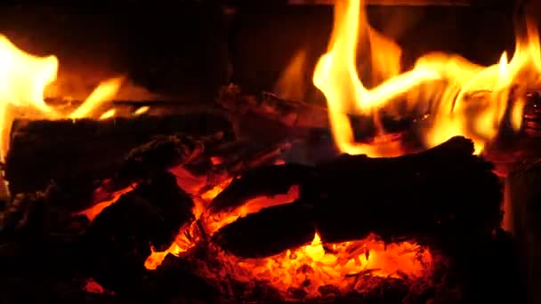 Toprak. Şöminede ateş yanıyor. Sıcaklık ve ev konforu. Kır Evi 'nde alevler. Yanan odun.. — Stok video
